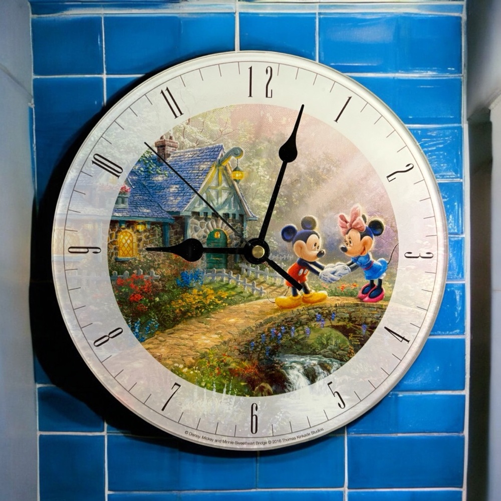 2016 Disney Thomas Kinkade Mickey & Minnie Sweetheart Bridge Glass Wall Clock